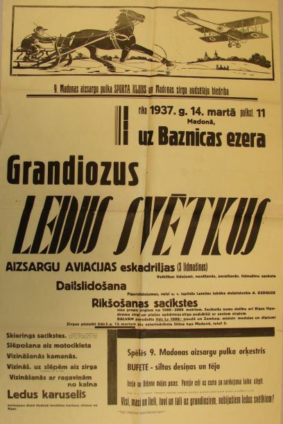 Afiša Ledus svētkiem uz Baznīcas ezera. 1937.gada 14.martā. Programmā: Aizsargu aviācijas 3 lidmašīnu demonstrējumi un ziemas izpriecas